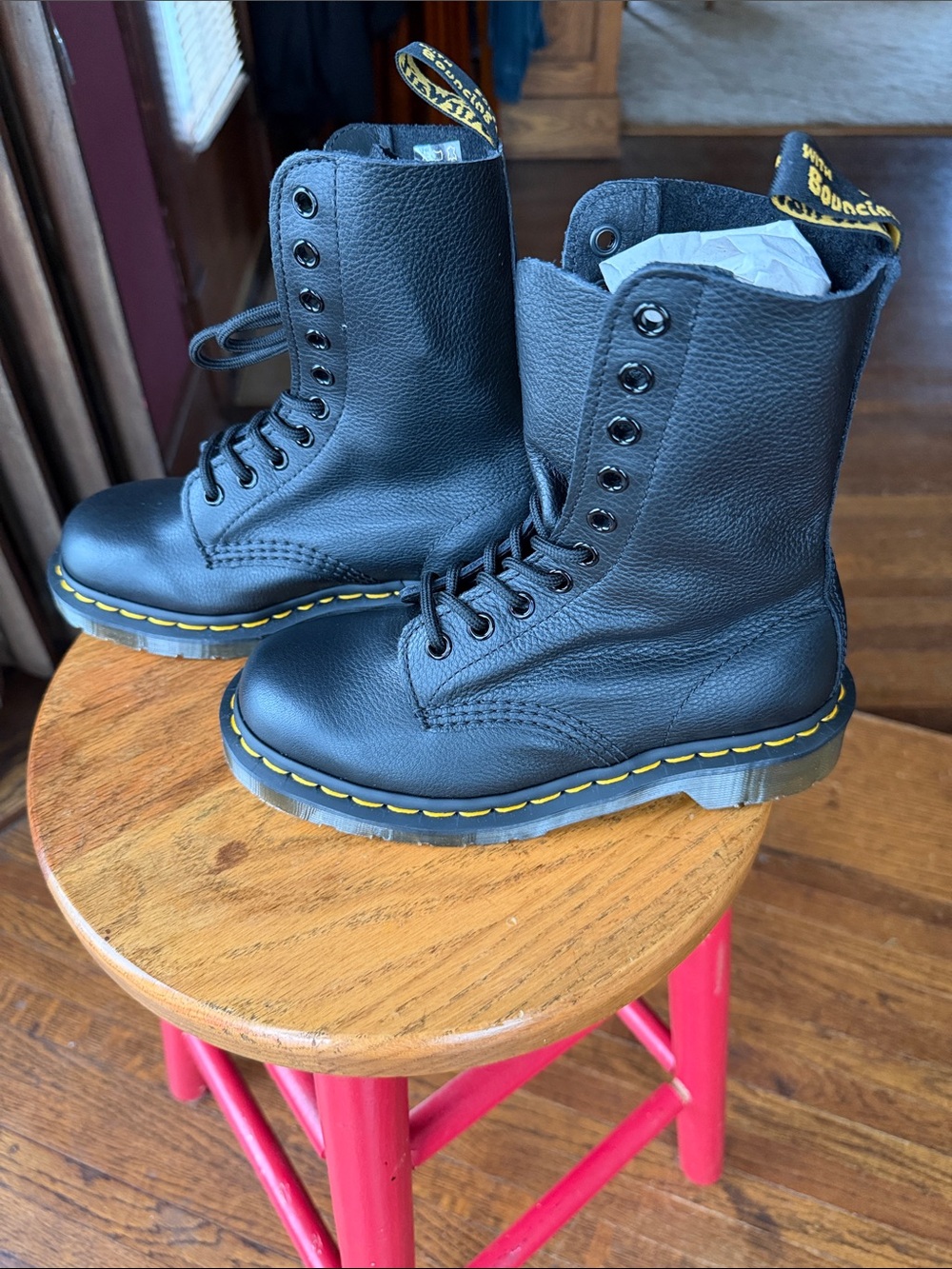 Dr. Martens Black Virginia Leather Lace-Up Boots with Yellow Stitching Accent - Picture 3 of 8